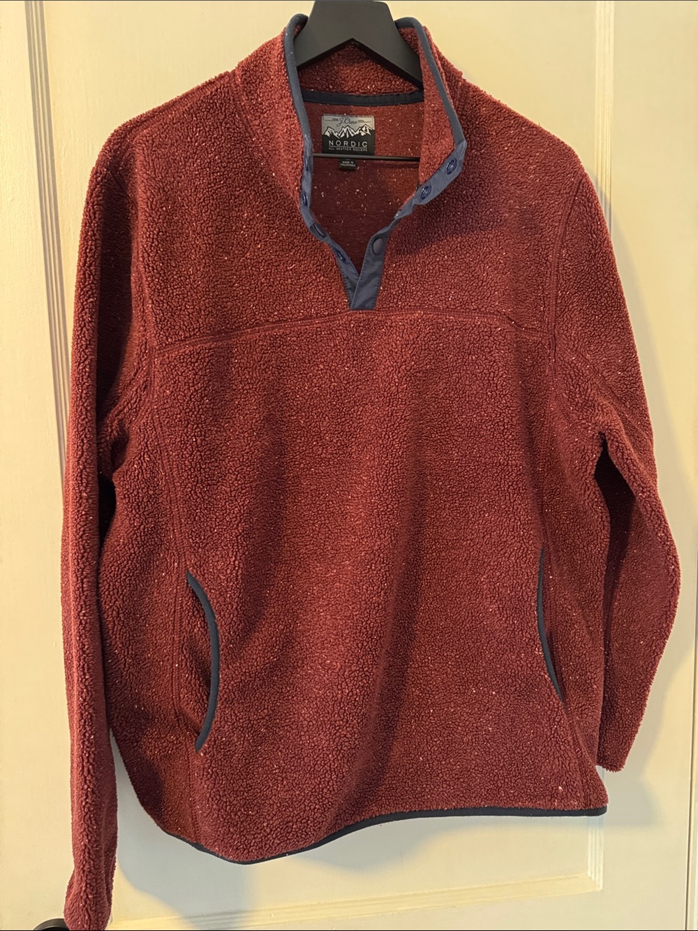 J.Crew Nordic Sherpa Fleece Snap Pullover Sweater Men’s Medium Rust Burgundy